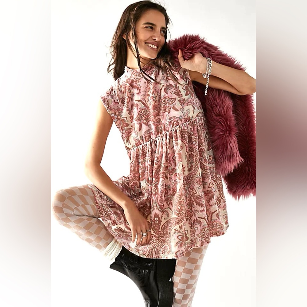 FREE PEOPLE Velvet Paisley Babydoll Minidress-Dusty Rose Petal-Size XS-NWOT